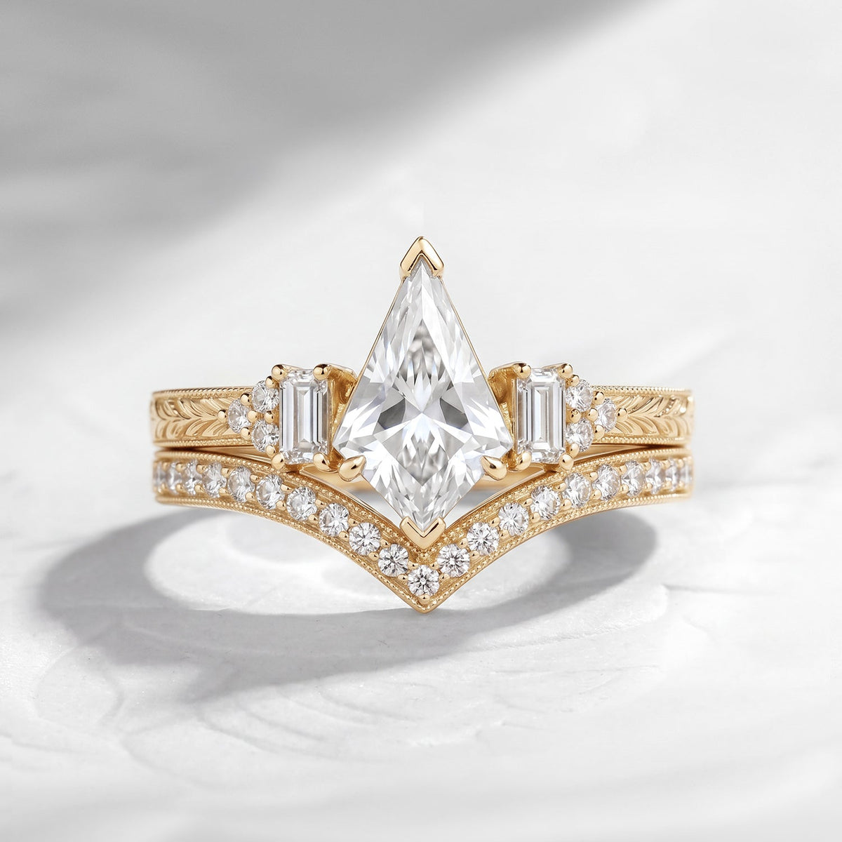 Vintage Inspired Kite Moissanite & Lab Diamond Milgrain Cluster Engagement Ring Set 2pcs