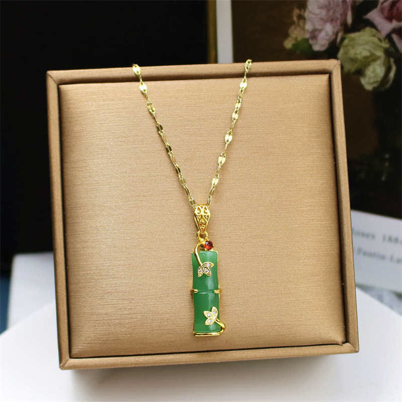 Fortune Jewel White Jade Cyan Jade Bamboo Luck Protection Necklace Pendant