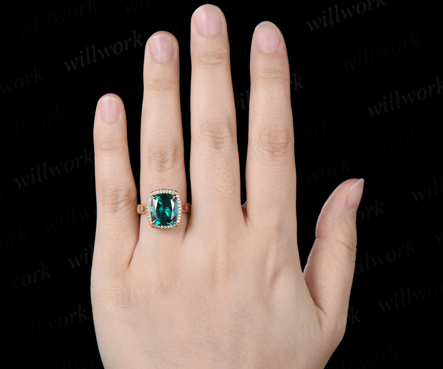 Cushion Cut Filigree Halo Emerald Engagement Ring Vintage Leaf Milgrain Full Eternity Ring May Birthstone Jewelry