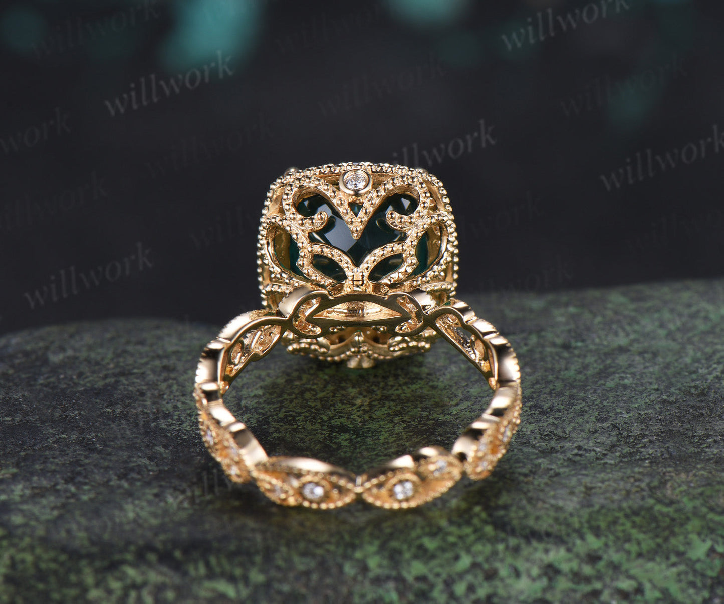 Cushion Cut Filigree Halo Emerald Engagement Ring Vintage Leaf Milgrain Full Eternity Ring May Birthstone Jewelry
