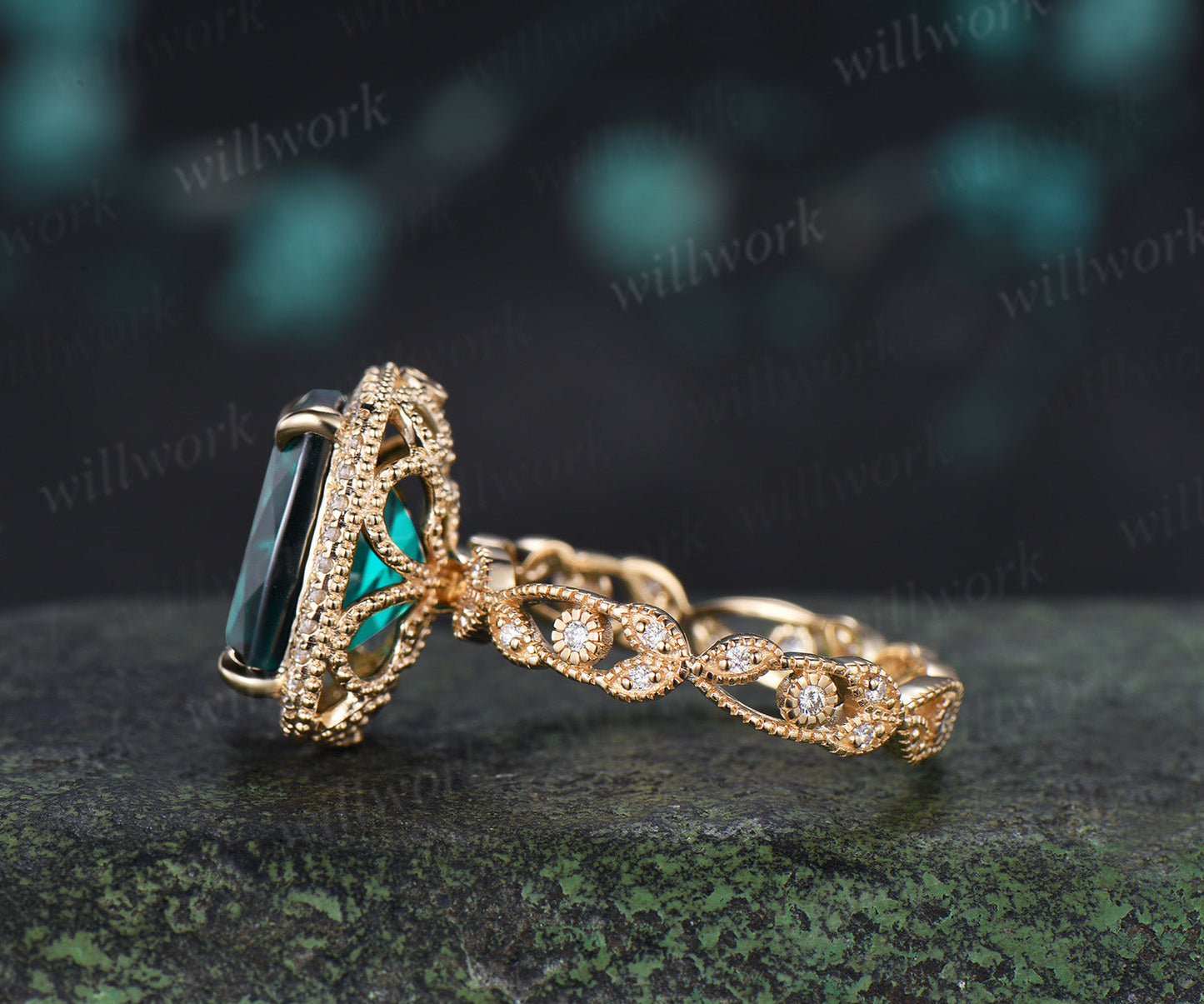 Cushion Cut Filigree Halo Emerald Engagement Ring Vintage Leaf Milgrain Full Eternity Ring May Birthstone Jewelry