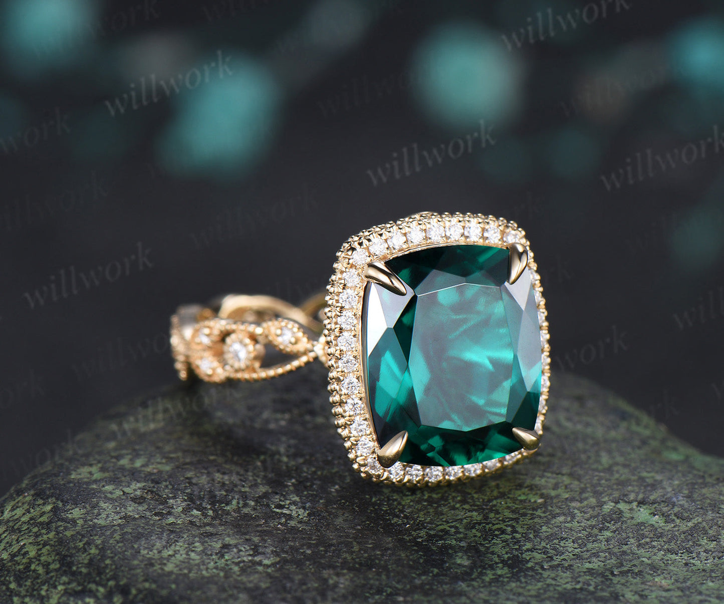 Cushion Cut Filigree Halo Emerald Engagement Ring Vintage Leaf Milgrain Full Eternity Ring May Birthstone Jewelry