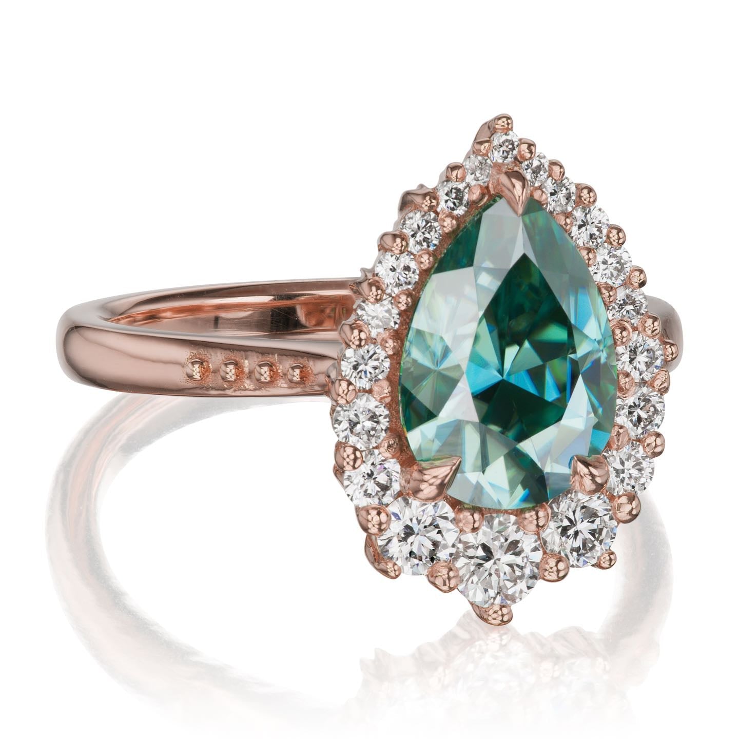 ・CELESTE・Pear Aqua-Teal Iconic™ Moissanite Center, Diamond Halo (2.58ctw+)