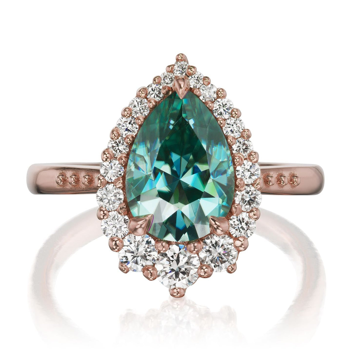 ・CELESTE・Pear Aqua-Teal Iconic™ Moissanite Center, Diamond Halo (2.58ctw+)