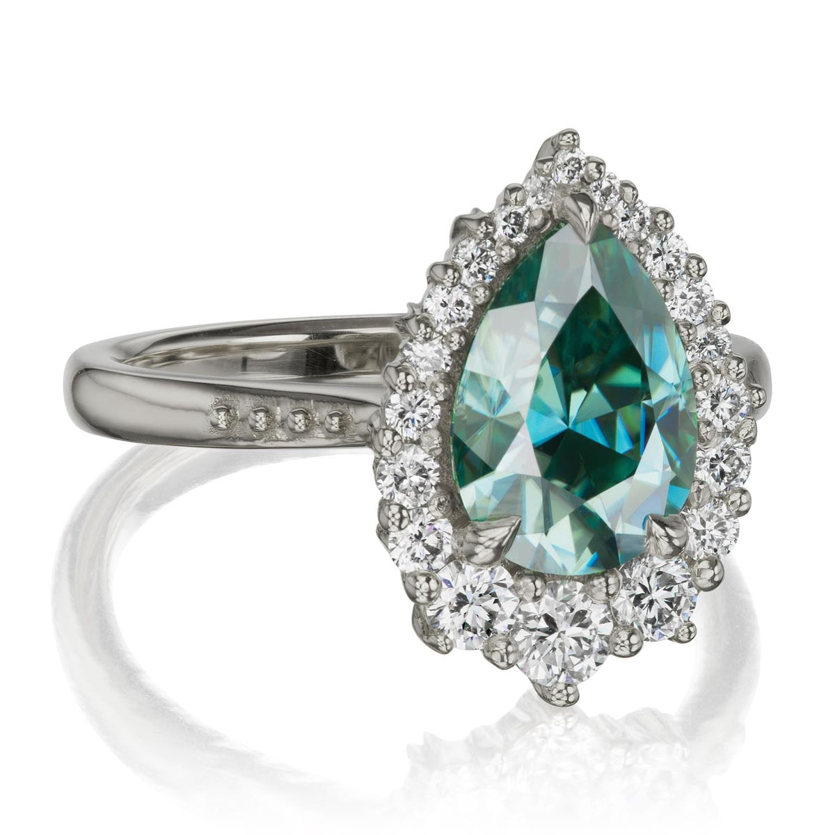・CELESTE・Pear Aqua-Teal Iconic™ Moissanite Center, Diamond Halo (2.58ctw+)