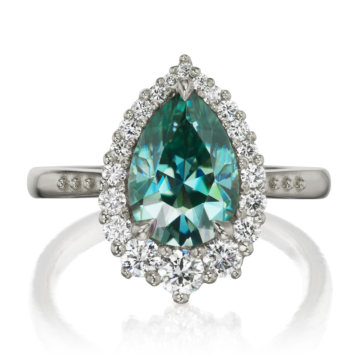 ・CELESTE・Pear Aqua-Teal Iconic™ Moissanite Center, Diamond Halo (2.58ctw+)