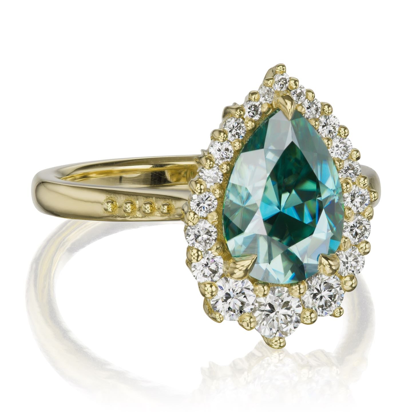 ・CELESTE・Pear Aqua-Teal Iconic™ Moissanite Center, Diamond Halo (2.58ctw+)