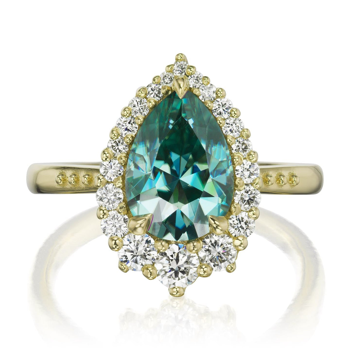 ・CELESTE・Pear Aqua-Teal Iconic™ Moissanite Center, Diamond Halo (2.58ctw+)