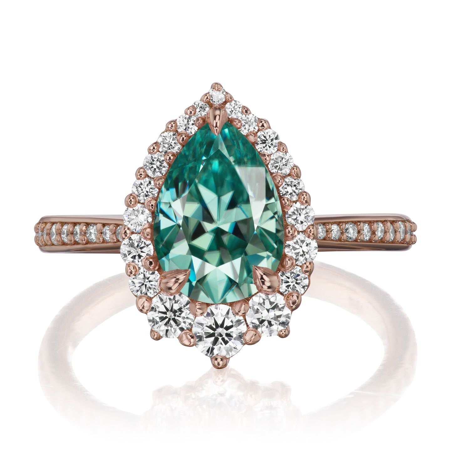 ・CELESTE・Pear Aqua-Teal Iconic™ Moissanite Center, Diamond Halo (2.58ctw+)