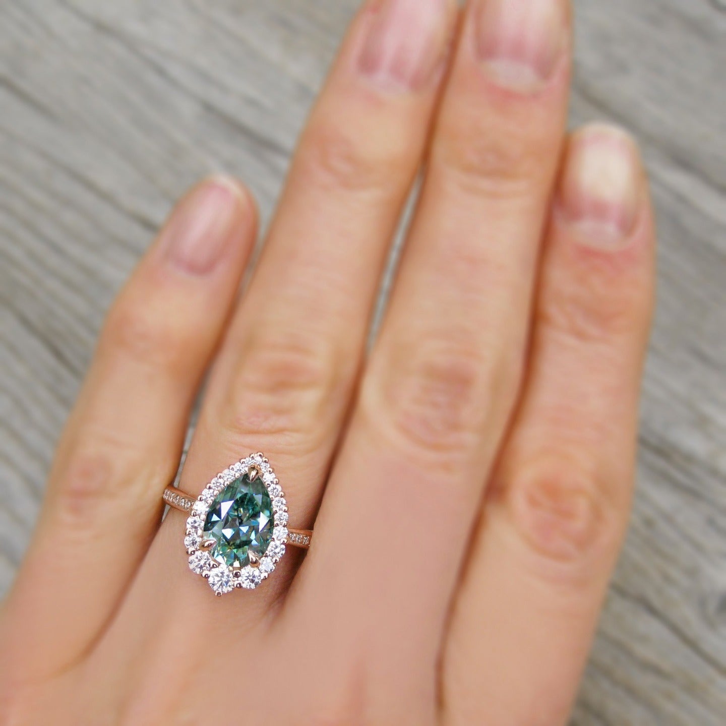 ・CELESTE・Pear Aqua-Teal Iconic™ Moissanite Center, Diamond Halo (2.58ctw+)
