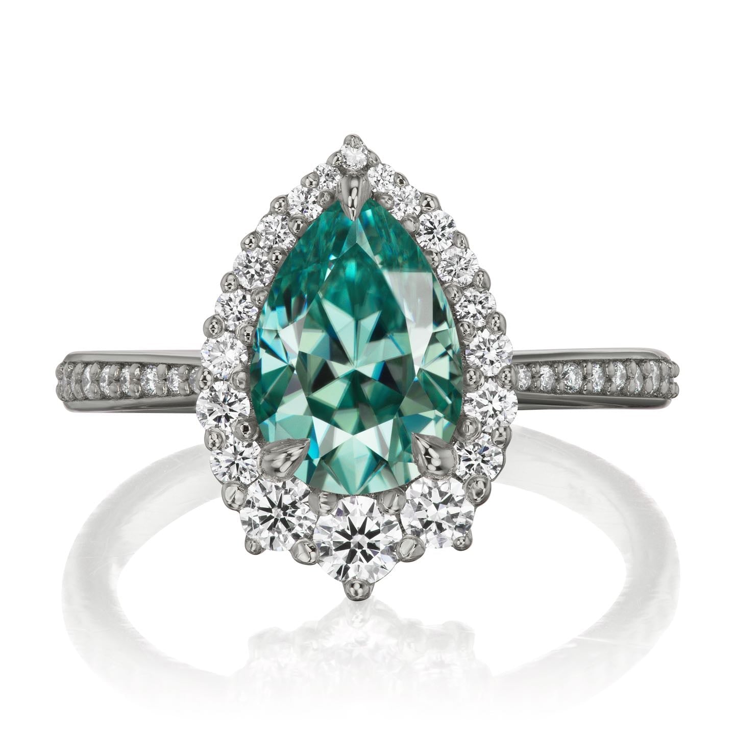 ・CELESTE・Pear Aqua-Teal Iconic™ Moissanite Center, Diamond Halo (2.58ctw+)