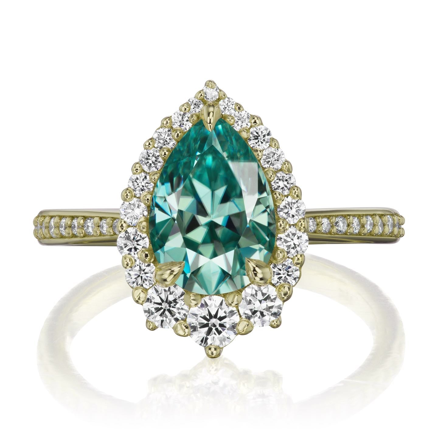 ・CELESTE・Pear Aqua-Teal Iconic™ Moissanite Center, Diamond Halo (2.58ctw+)
