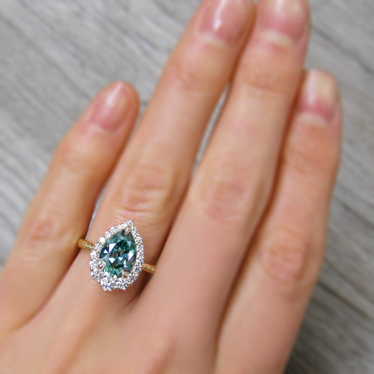 ・CELESTE・Pear Aqua-Teal Iconic™ Moissanite Center, Diamond Halo (2.58ctw+)