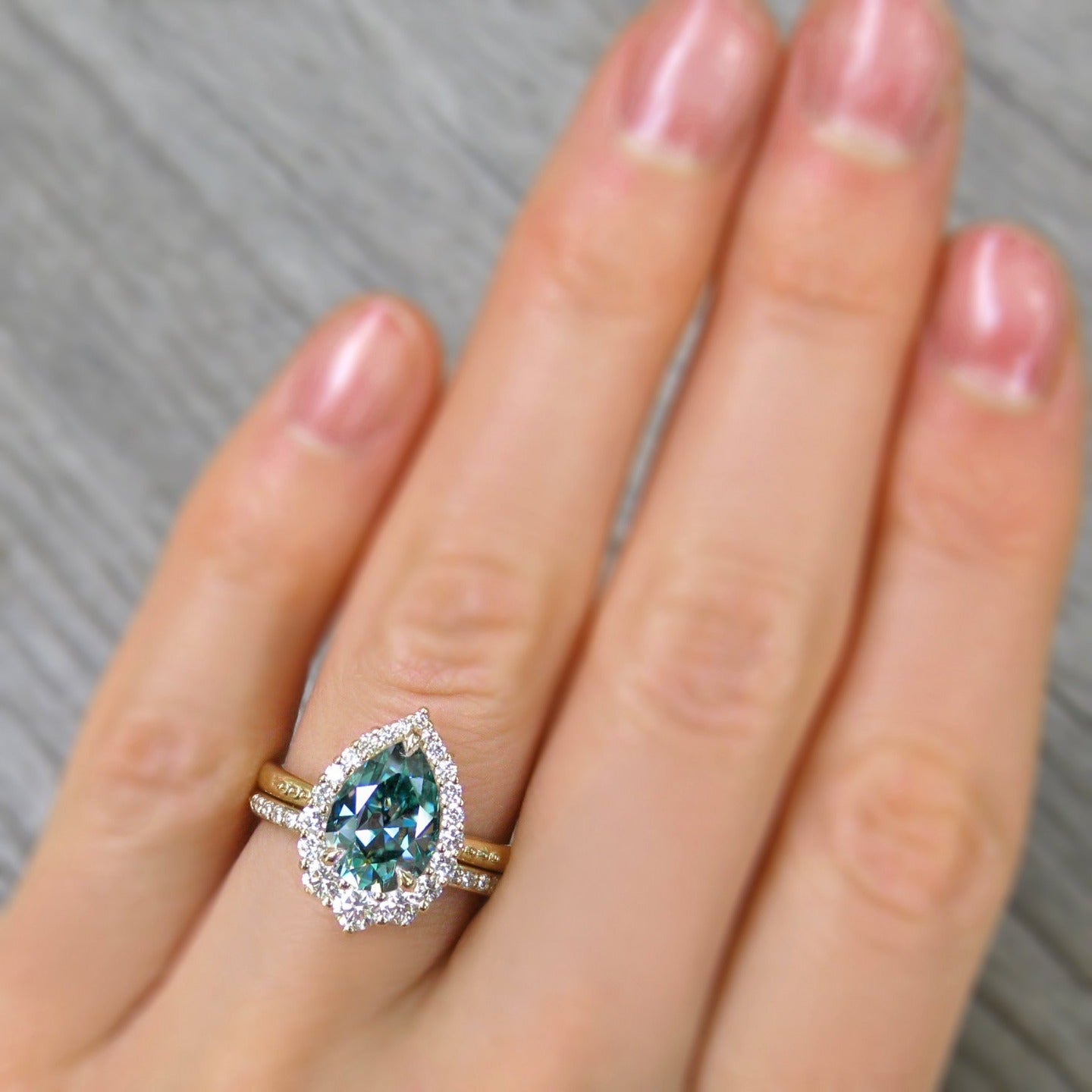 ・CELESTE・Pear Aqua-Teal Iconic™ Moissanite Center, Diamond Halo (2.58ctw+)