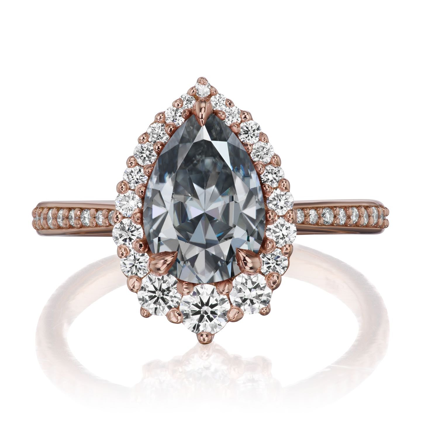 ・CELESTE・Pear Iconic™ Grey Moissanite Center, Diamond Halo (2.58ctw+)