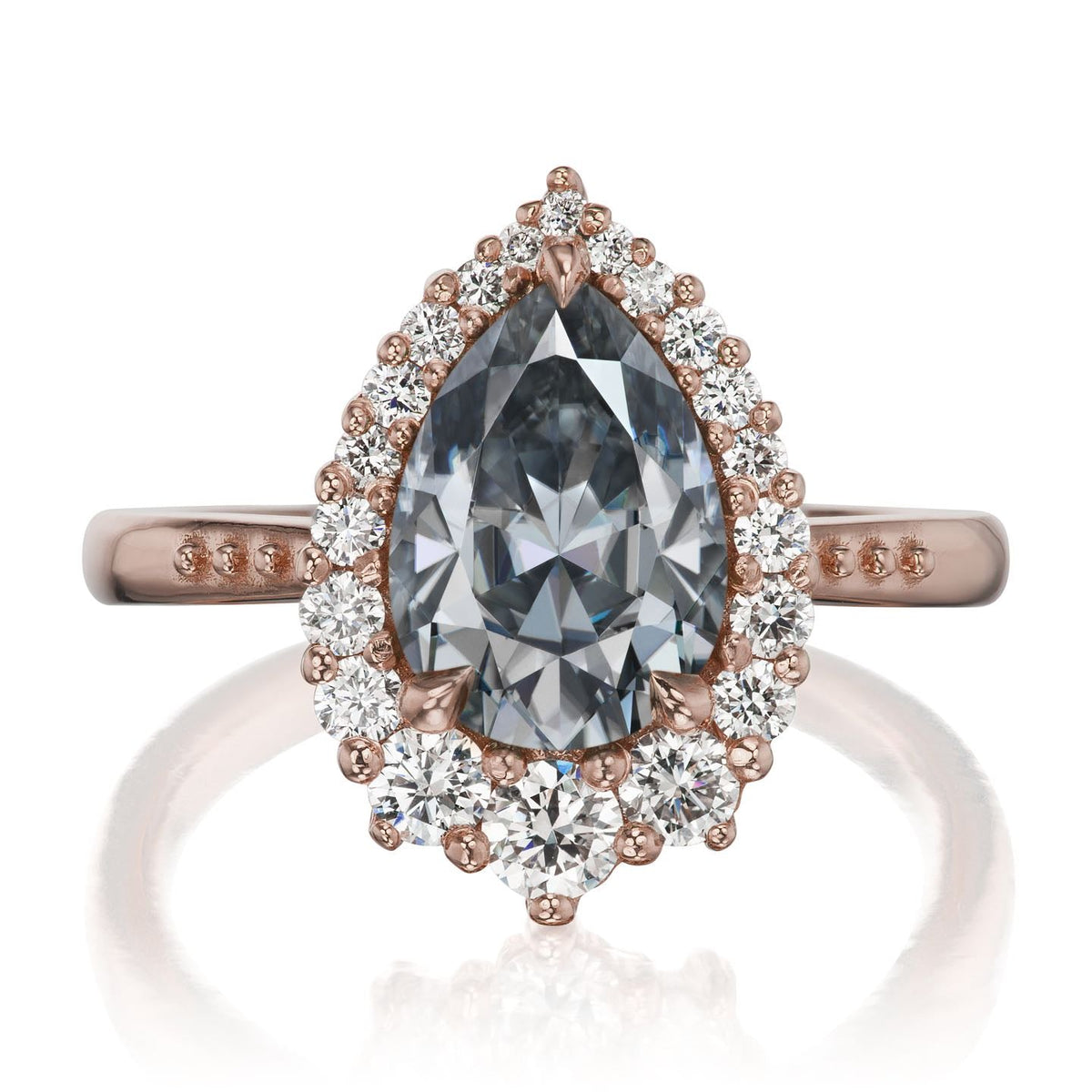 ・CELESTE・Pear Iconic™ Grey Moissanite Center, Diamond Halo (2.58ctw+)
