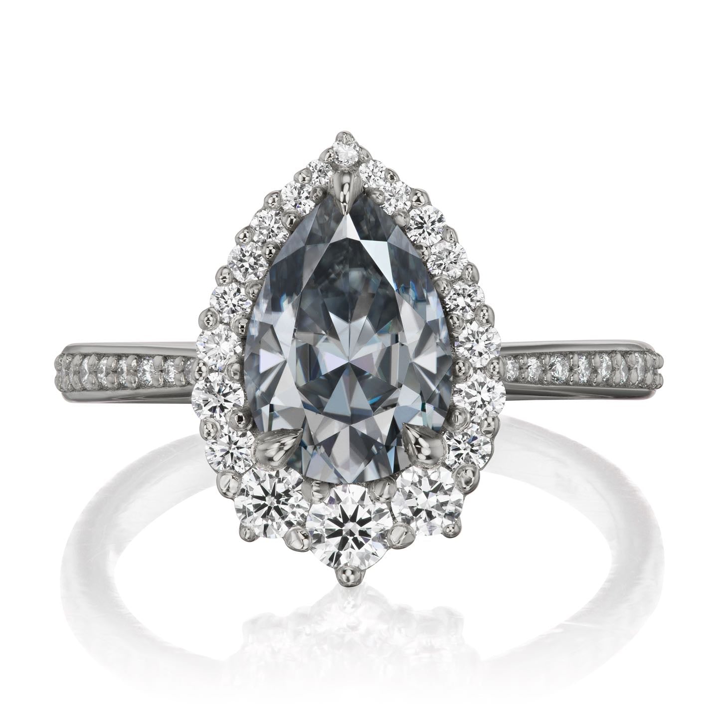 ・CELESTE・Pear Iconic™ Grey Moissanite Center, Diamond Halo (2.58ctw+)