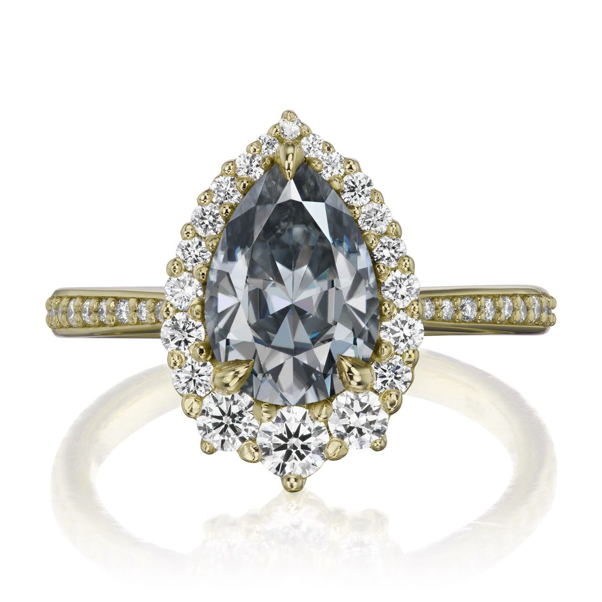 ・CELESTE・Pear Iconic™ Grey Moissanite Center, Diamond Halo (2.58ctw+)