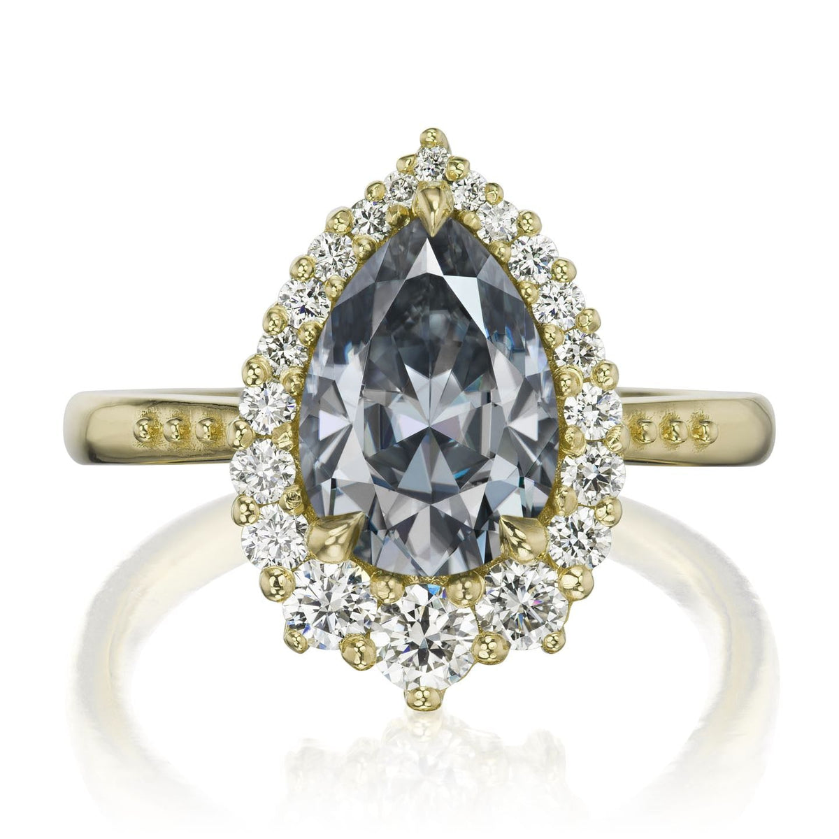 ・CELESTE・Pear Iconic™ Grey Moissanite Center, Diamond Halo (2.58ctw+)