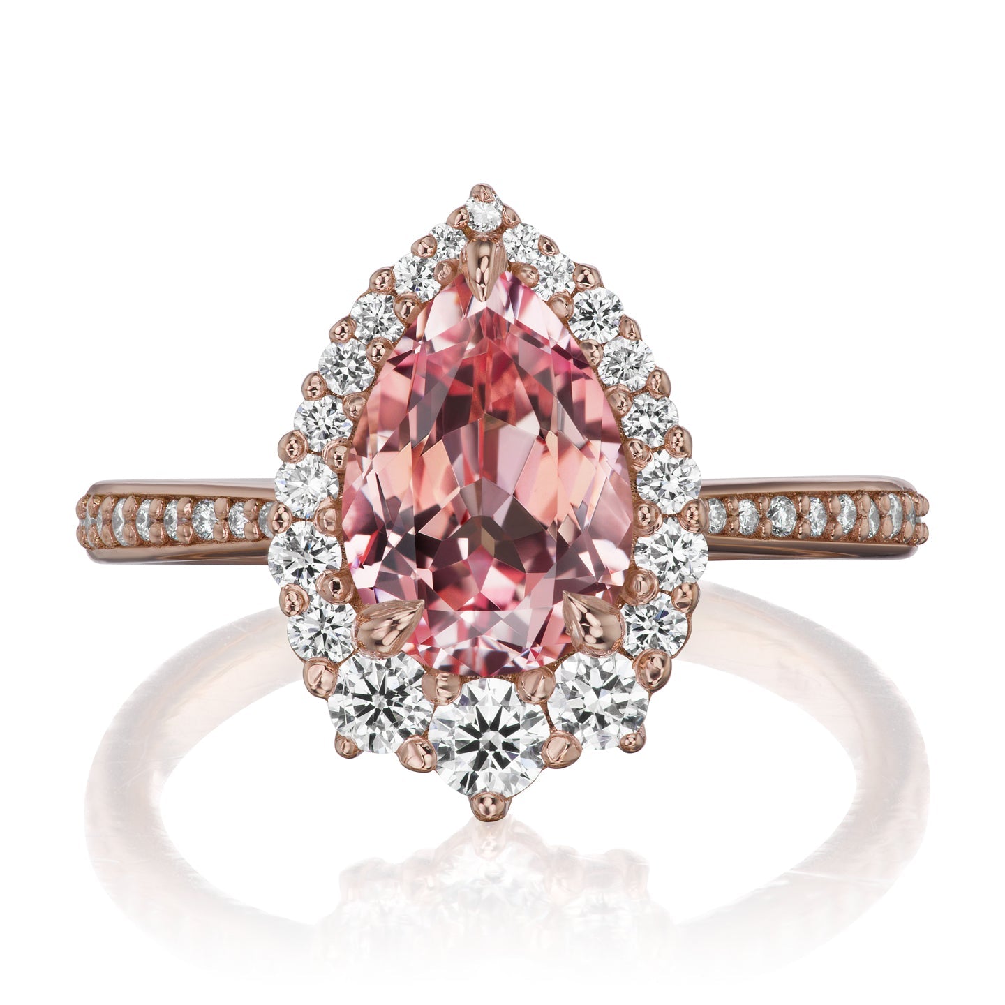 ・CELESTE・Pear Peach Sapphire Center, Diamond Halo (3.33ctw+)