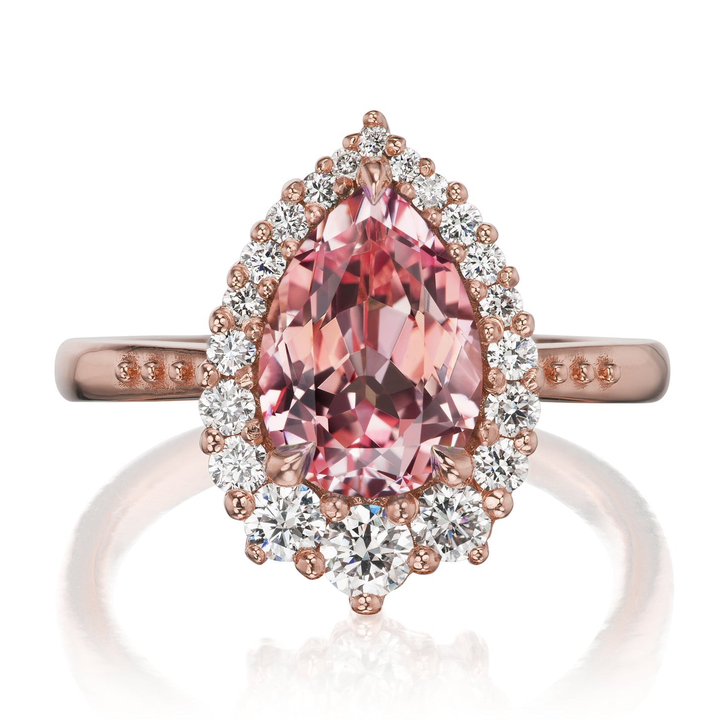 ・CELESTE・Pear Peach Sapphire Center, Diamond Halo (3.33ctw+)
