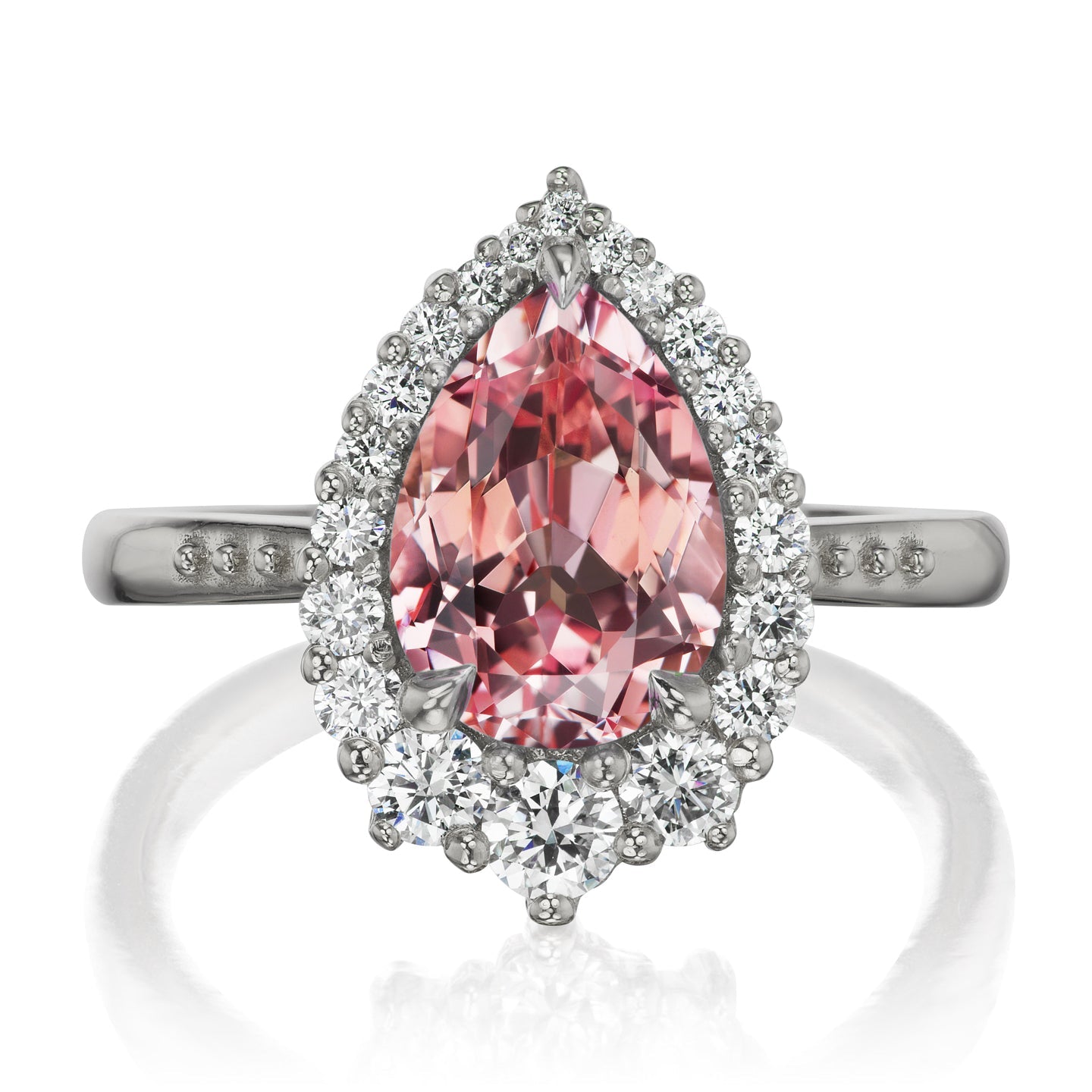 ・CELESTE・Pear Peach Sapphire Center, Diamond Halo (3.33ctw+)