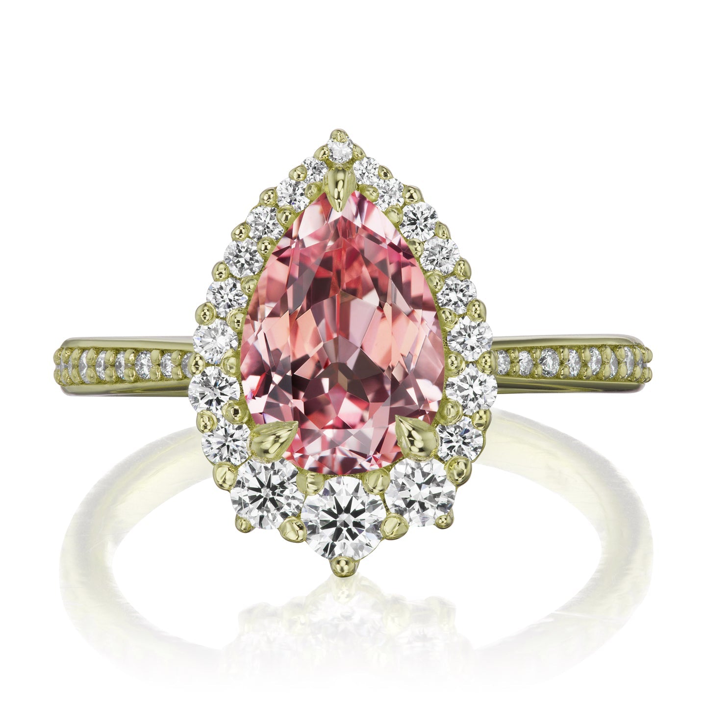 ・CELESTE・Pear Peach Sapphire Center, Diamond Halo (3.33ctw+)