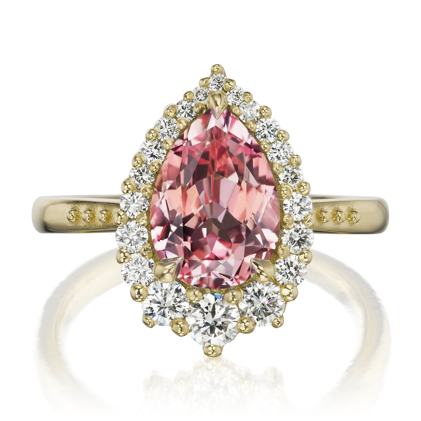 ・CELESTE・Pear Peach Sapphire Center, Diamond Halo (3.33ctw+)