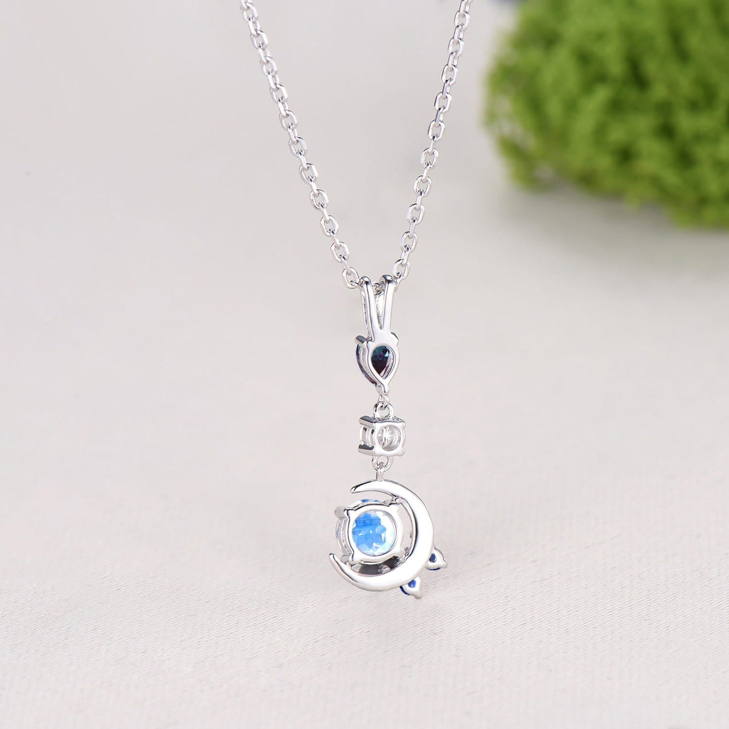 Crescent Moon Moonstone Alexandrite Pendant Necklace Elegant Celestial Cluster Sapphire Jewelry June Birthstone Anniversary Gift for Women
