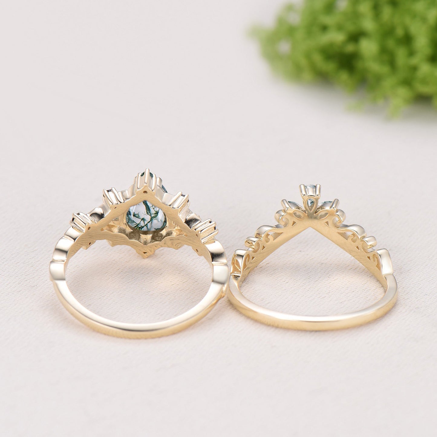 Vintage Pear Shaped Moss Agate Engagement Ring Set | Nature Inspired Leaf Vine Black Spinel Bridal Set | Unique Teardrop Wedding Set For Her