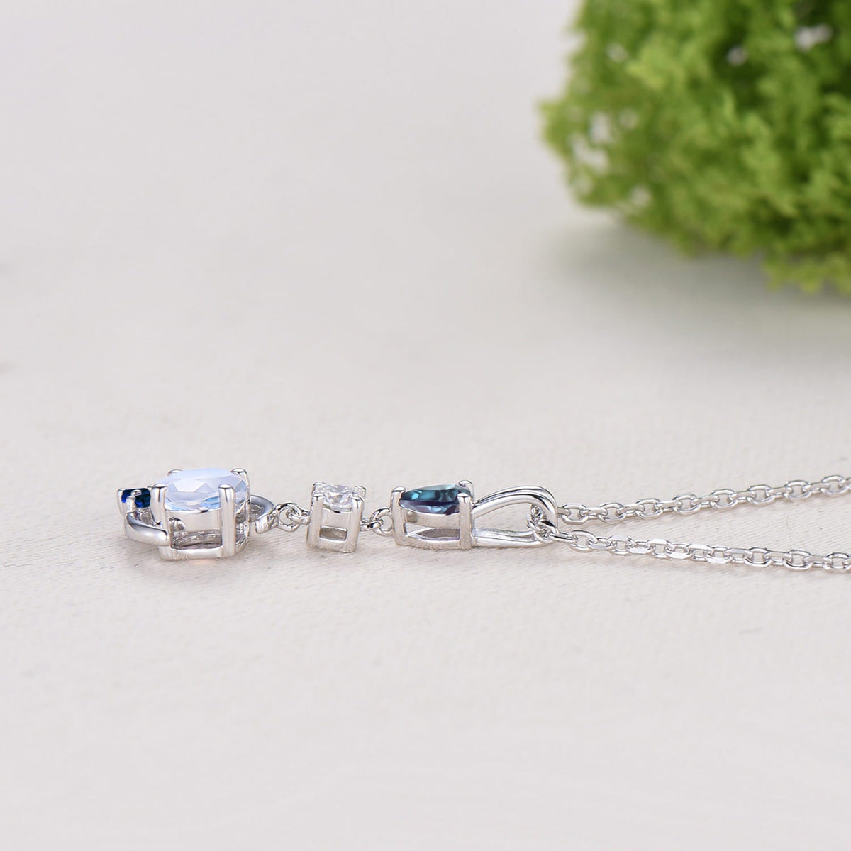Crescent Moon Moonstone Alexandrite Pendant Necklace Elegant Celestial Cluster Sapphire Jewelry June Birthstone Anniversary Gift for Women