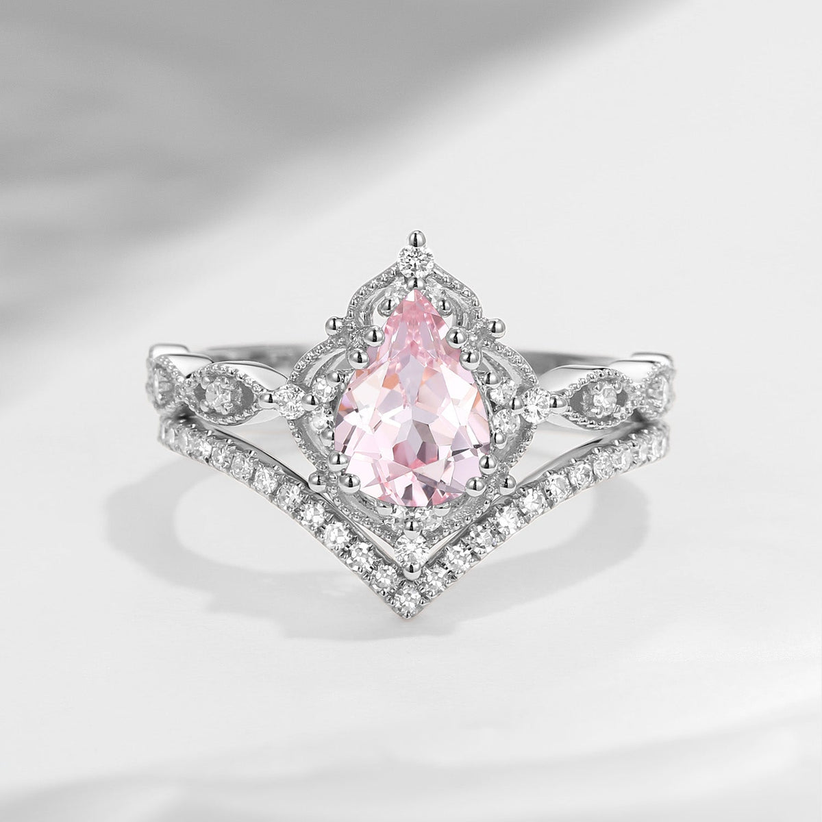 1.5ct Pear Shaped Lab Pink Sapphire Engagement Ring Set 2pcs - Evelyn