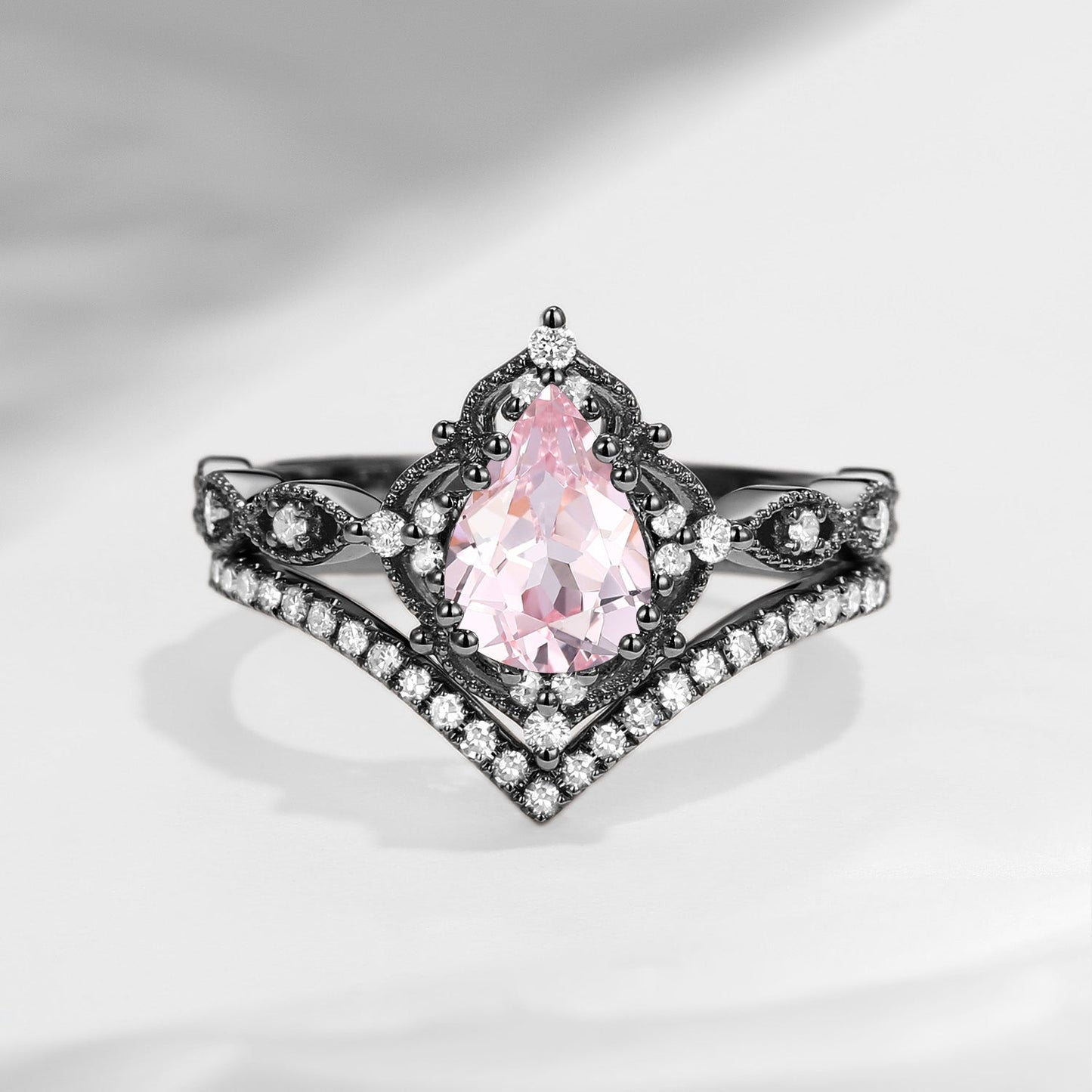 1.5ct Pear Shaped Lab Pink Sapphire Engagement Ring Set 2pcs - Evelyn