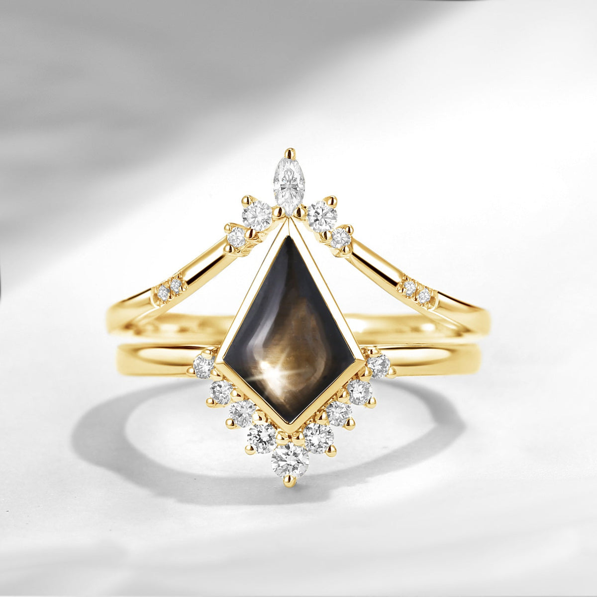 Classic Style Kite Cut Natural Black Star Sapphire Engagement Ring Set 2pcs
