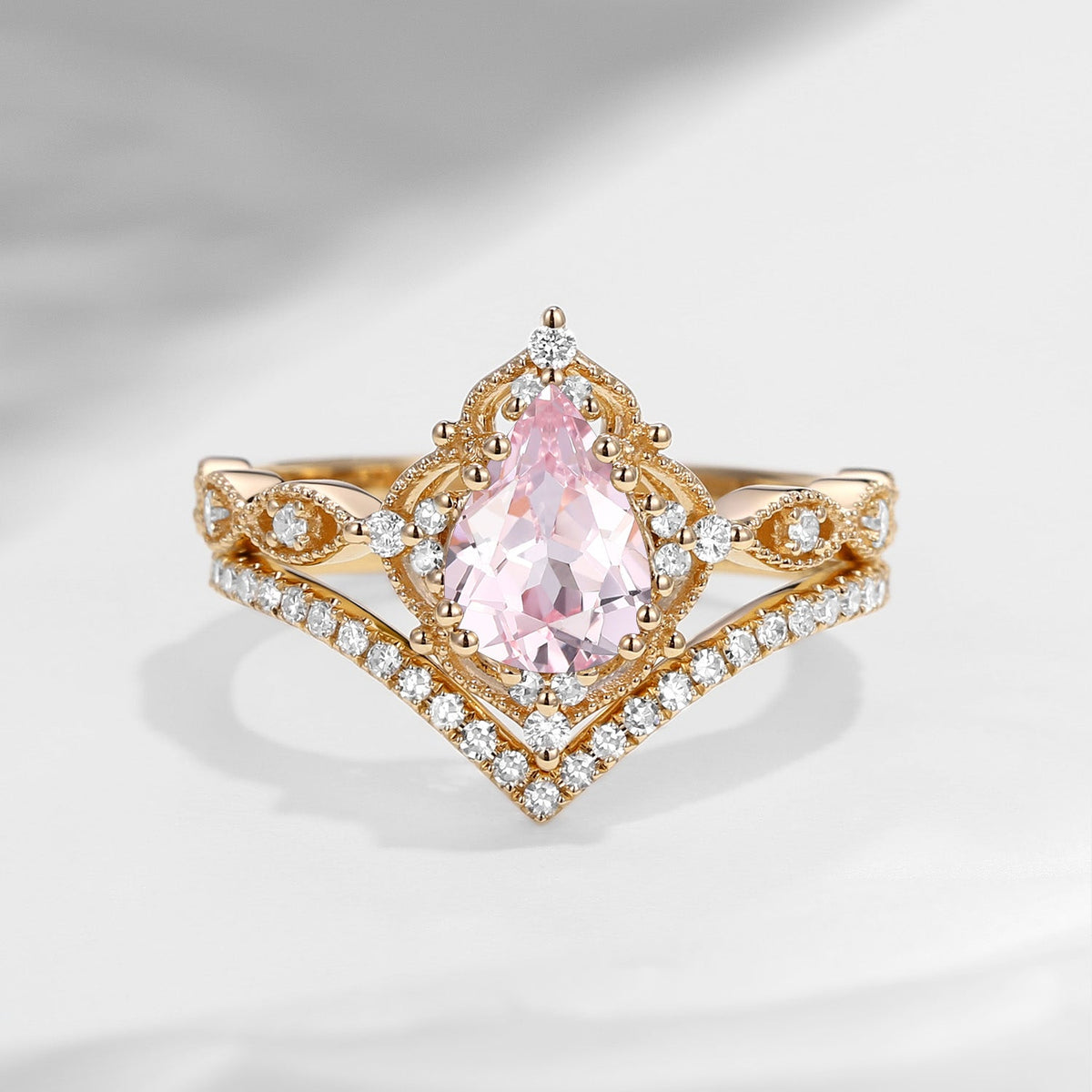 1.5ct Pear Shaped Lab Pink Sapphire Engagement Ring Set 2pcs - Evelyn