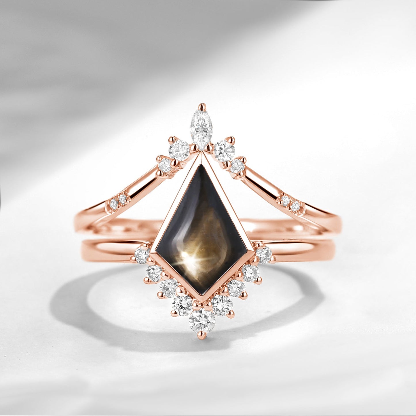 Classic Style Kite Cut Natural Black Star Sapphire Engagement Ring Set 2pcs