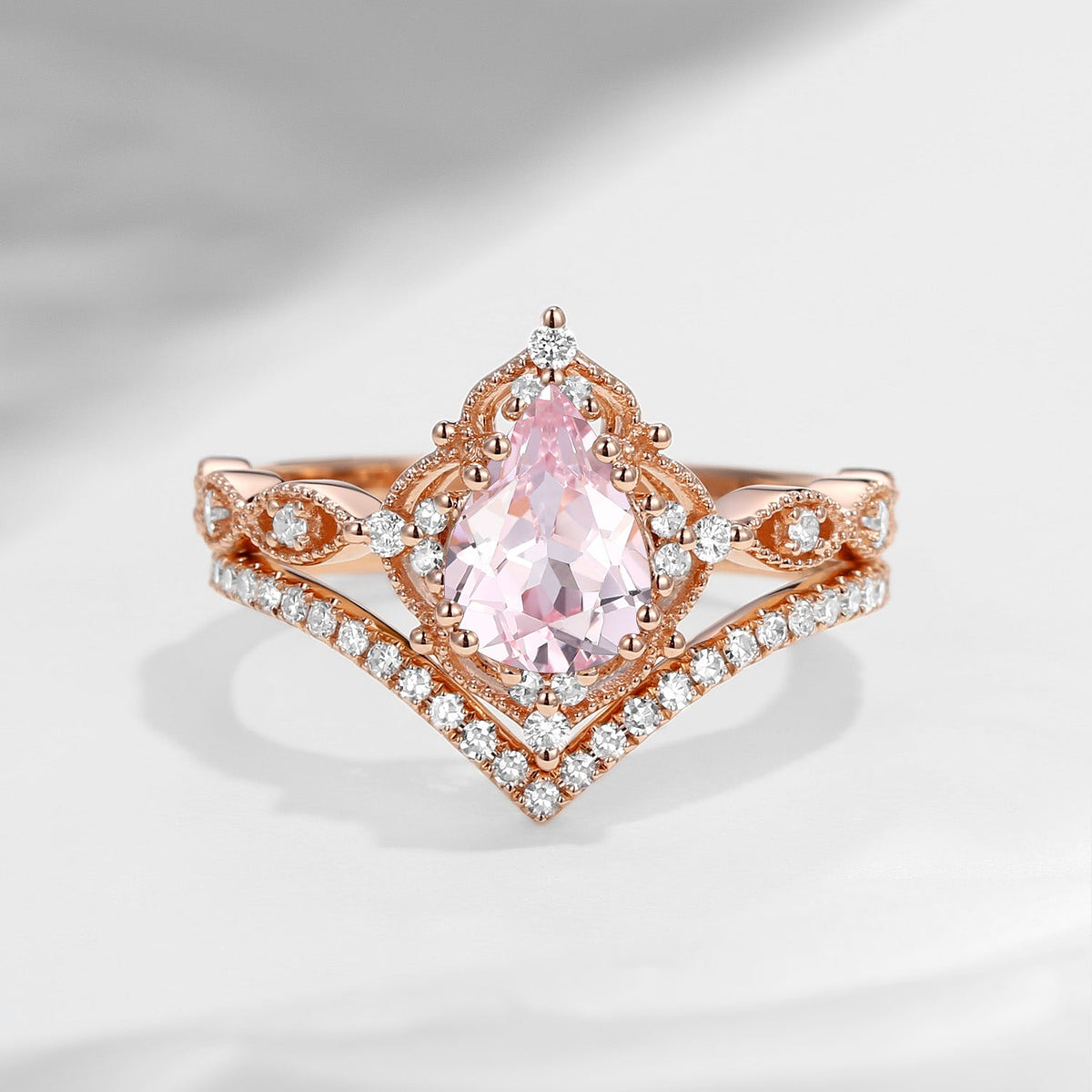 1.5ct Pear Shaped Lab Pink Sapphire Engagement Ring Set 2pcs - Evelyn