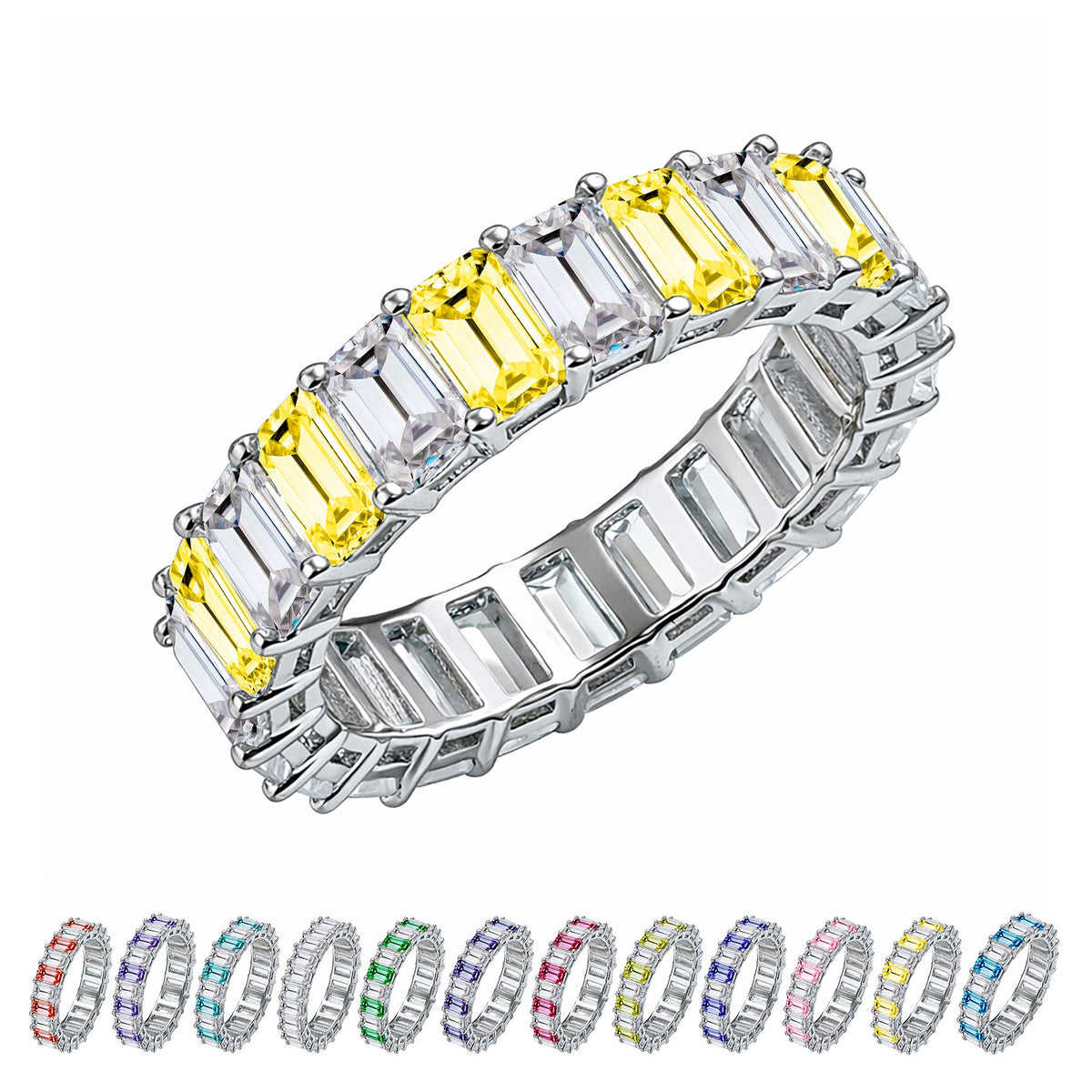10 Carat Emerald Cut Birthstone - Multicolor Eternity Wedding Band