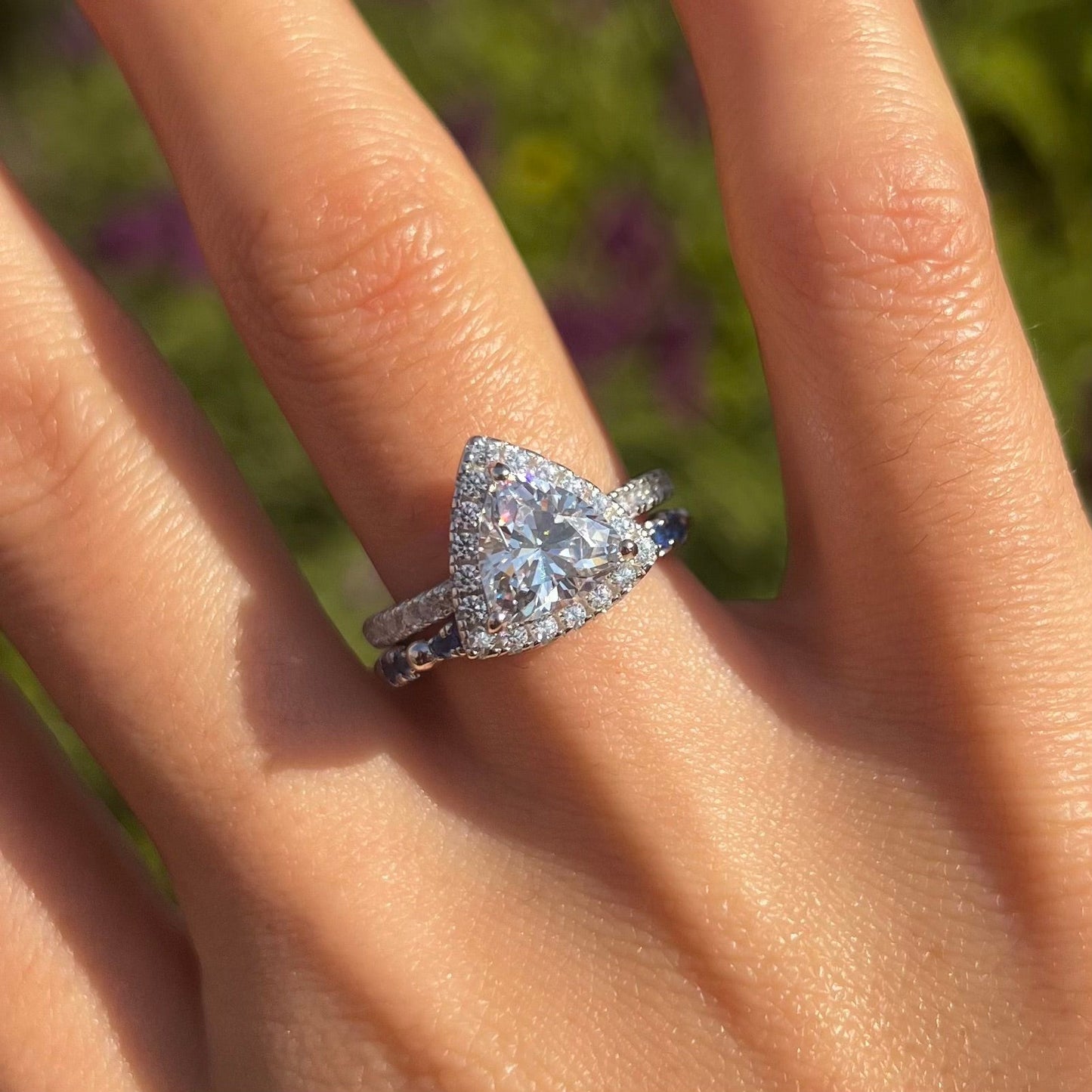 2 Pcs Triangle Halo Sterling Silver Bridal Set With Blue Band