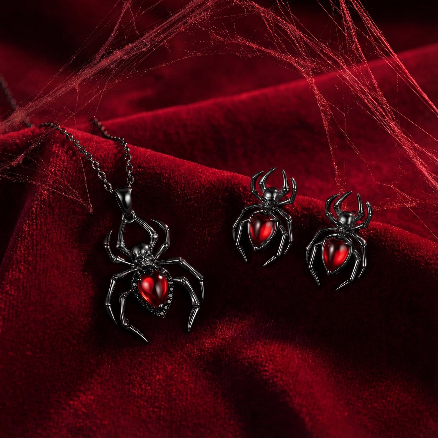 Unique Gothic Spider & Skull Pear Garnet Black Gold Inspired Jewelry Set - Spider Jewelry Box