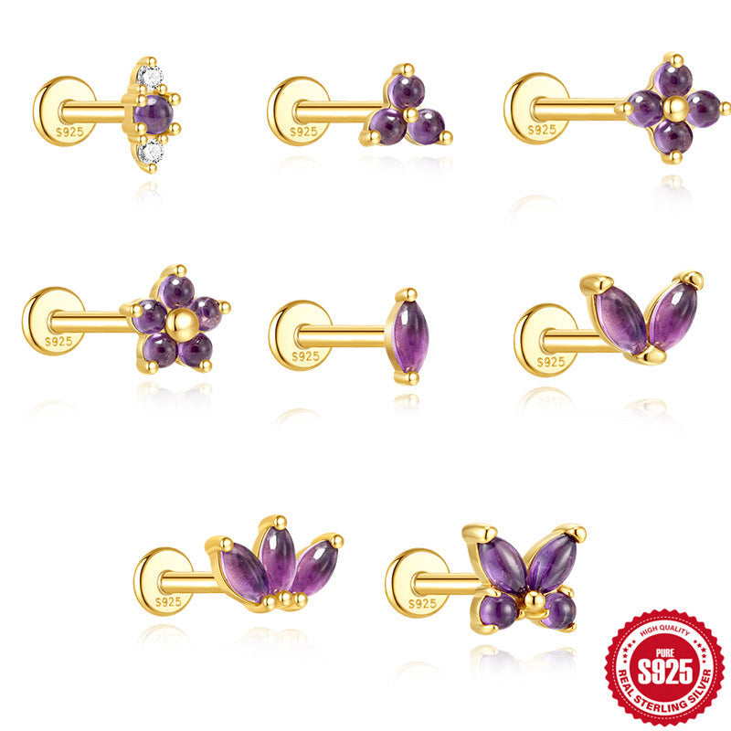 S925 Sterling Silver Natural Amethyst Geometric Cartilage Earring 16G Flat Back Earrings