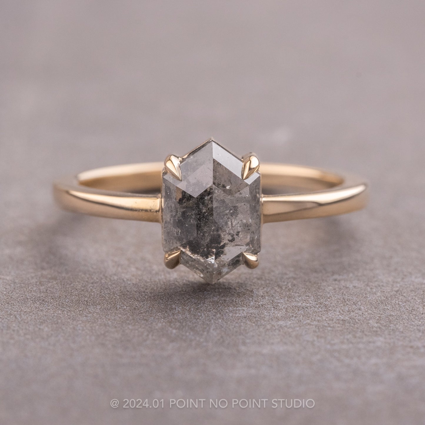 1.84 Carat Salt and Pepper Hexagon Diamond Engagement Ring, Jane Setting, 14K Yellow Gold