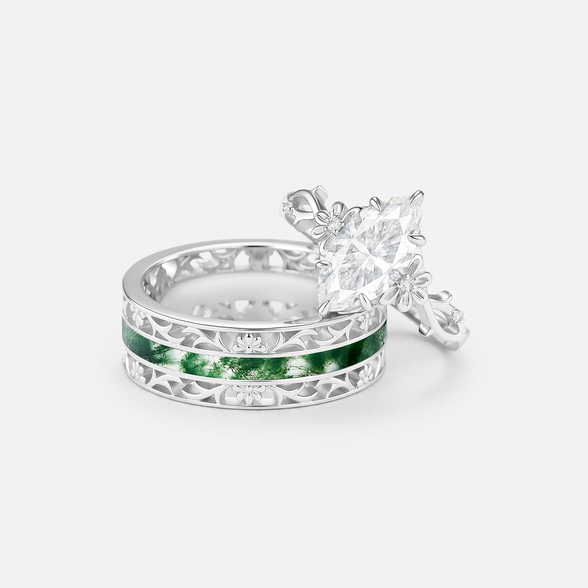 Marquise Cut Moissanite & Moss Agate Engraved Engagement Couple Ring Set 2pcs - Fennel