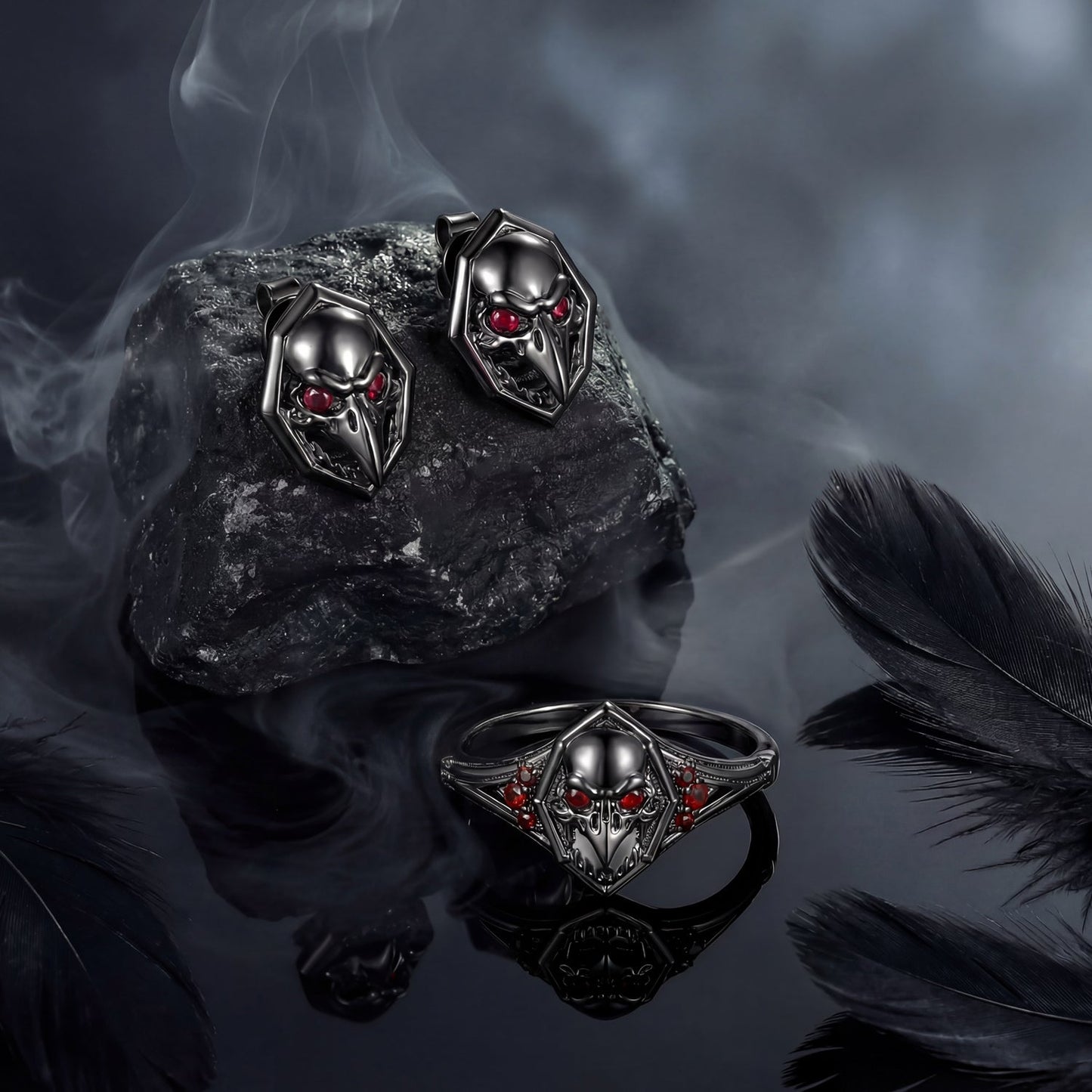 Gothic Inspired Red Gemstone Black Gold Engagement Ring - 'Dark Crow' Jewelry Box
