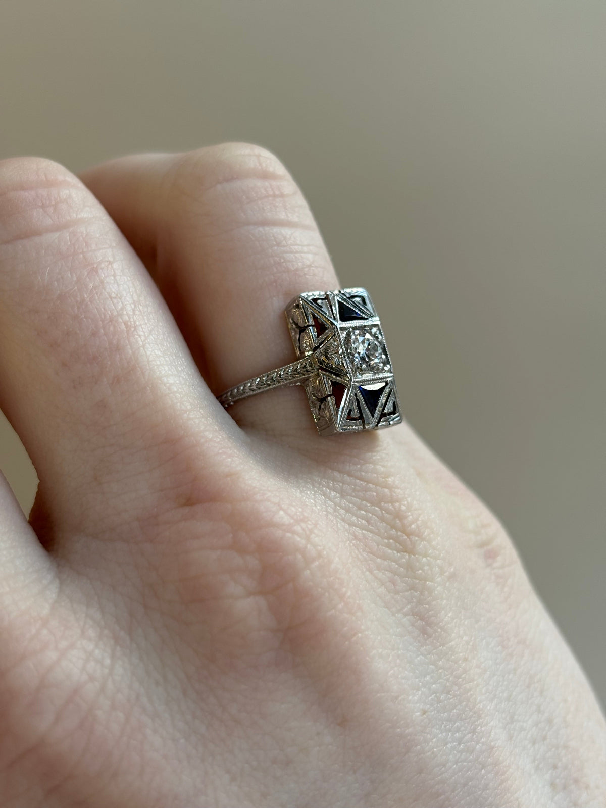 Art Deco Diamond & Sapphire Ring | 20K White Gold | Vintage