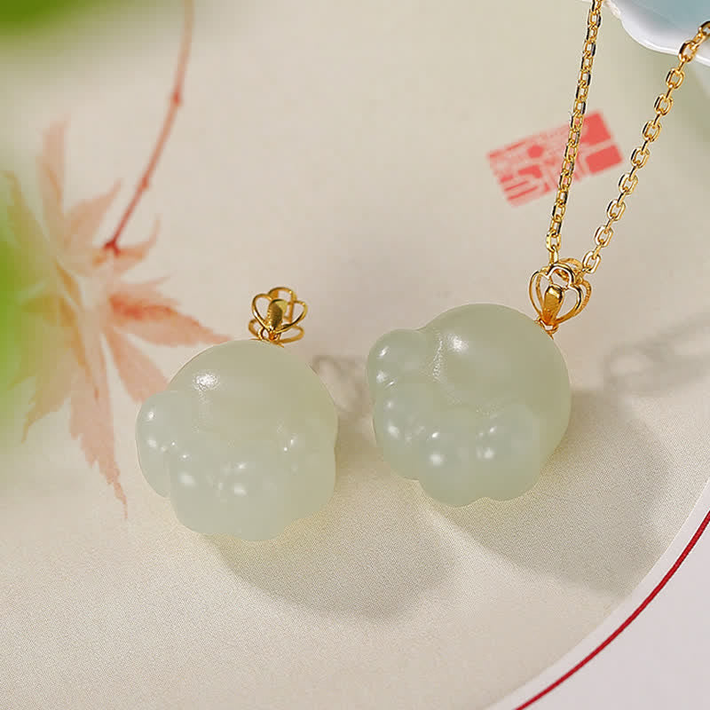 Fortune Jewel 925 Sterling Silver Hetian White Jade Cute Cat Paw Luck Necklace Pendant