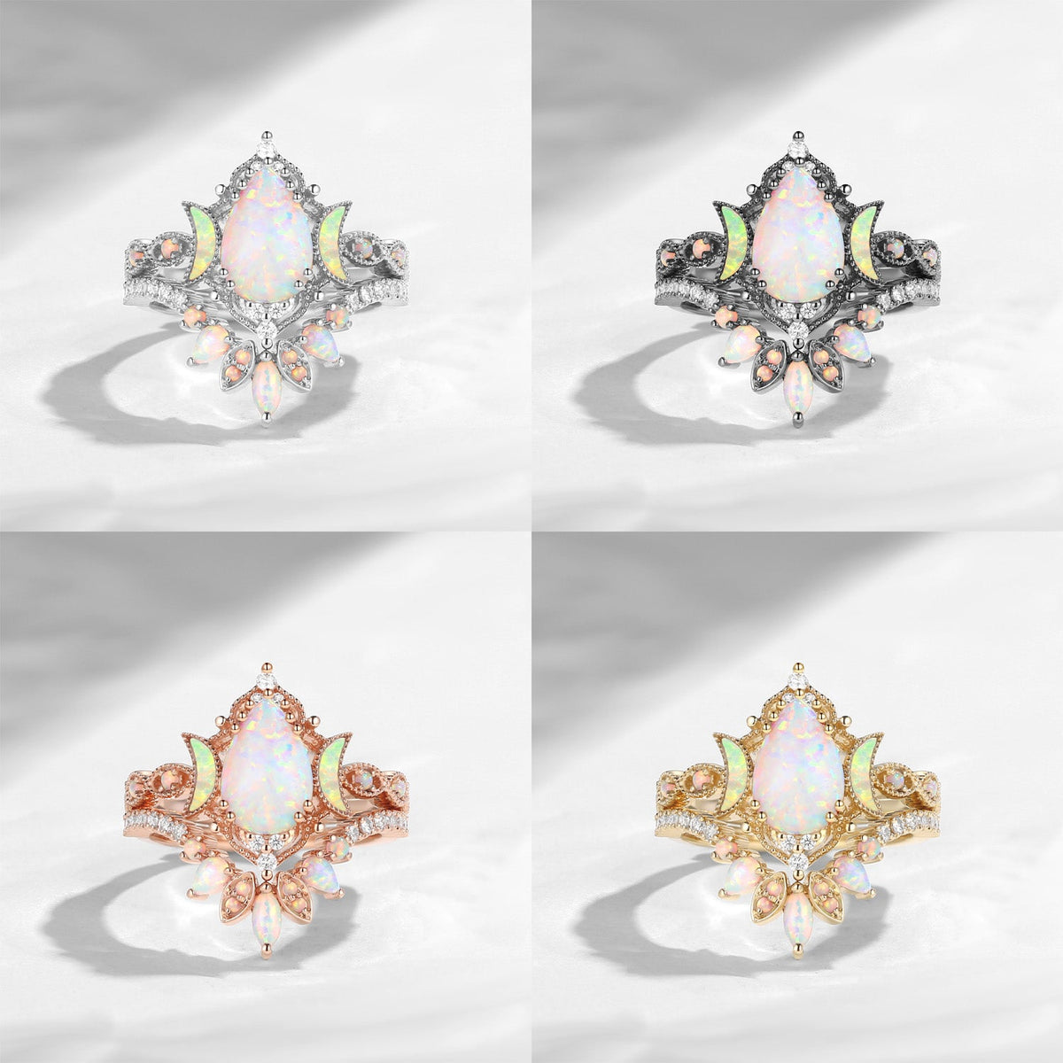 Crescent Moon | Pear Cut Pink Lab Opal 'Ultra Galaxy' Engagement Ring Set 2pcs