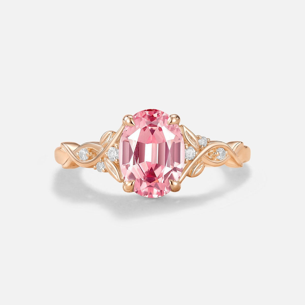 Oval Cut Leafy Twist Band Lab Pink Sapphire Engagement Ring - Nixie