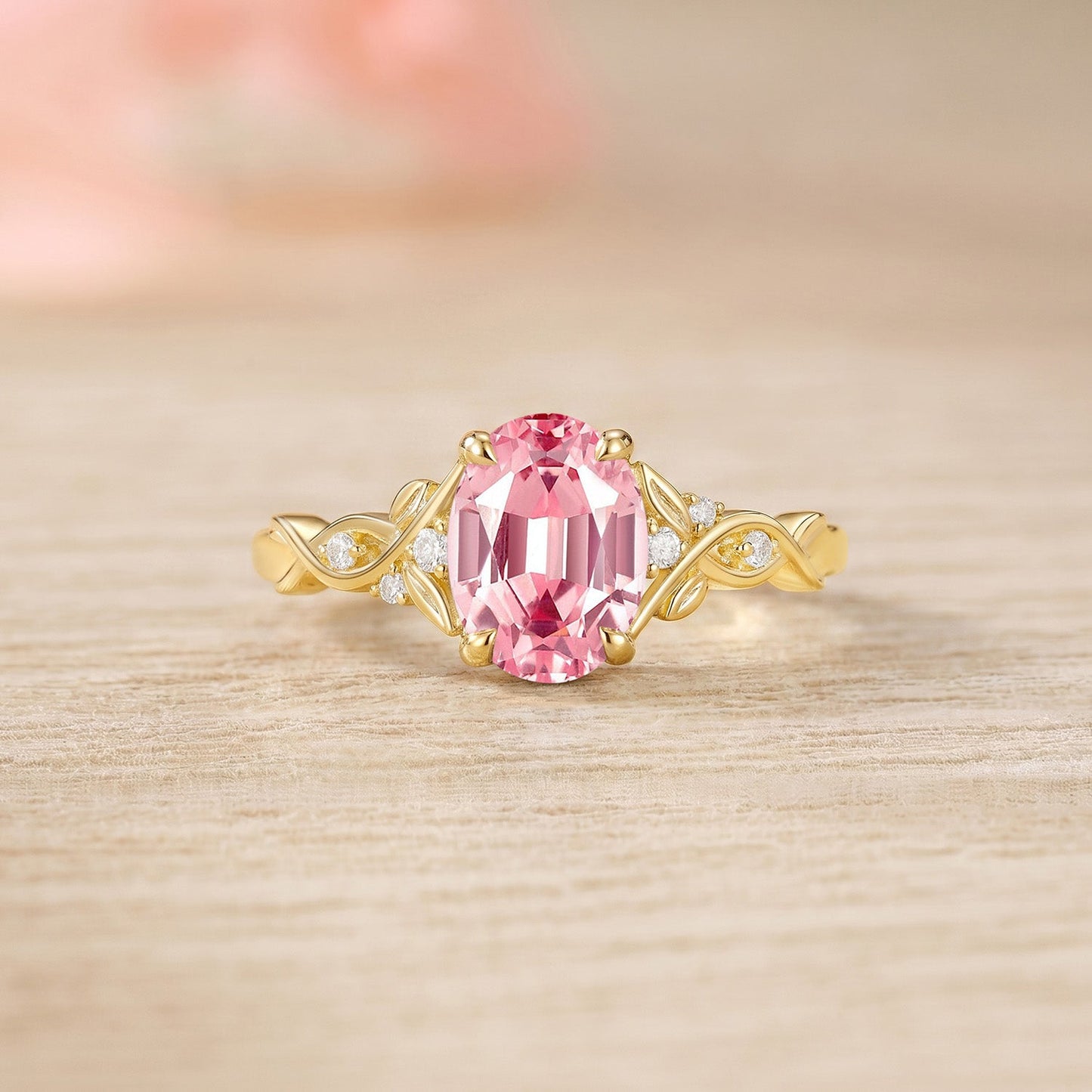 Oval Cut Leafy Twist Band Lab Pink Sapphire Engagement Ring - Nixie