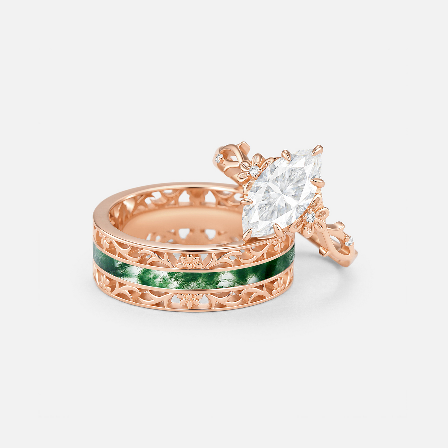 Marquise Cut Moissanite & Moss Agate Engraved Engagement Couple Ring Set 2pcs - Fennel